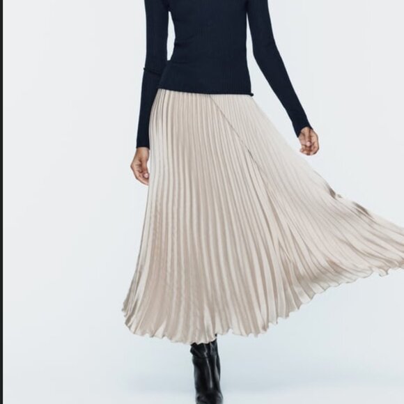 ZARA PLEATED SATIN EFFECT SKIRT SOFT GOLD CHAMPAGNE NWT - Picture 1 of 13